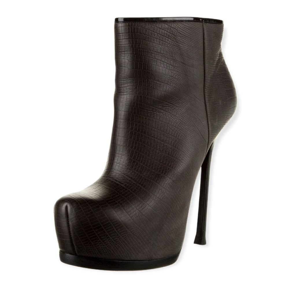 YVES SAINT LAURENT Leather Snake Print Tribtoo 105 Platform Ankle Booties 40